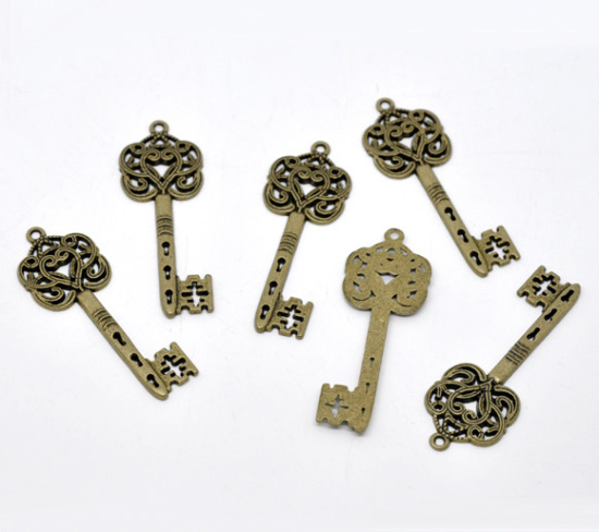 Picture of Antique Bronze Heart Pattern Key Pendants 59x21mm, sold per packet of 10