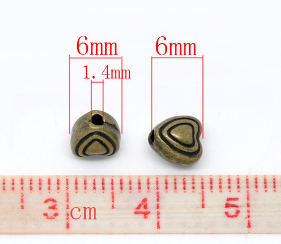 Image de Perle en Alliage de Zinc Cœur Bronze Antique 6mm x 6mm, Taille de Trou: 1.4mm, 100 PCs