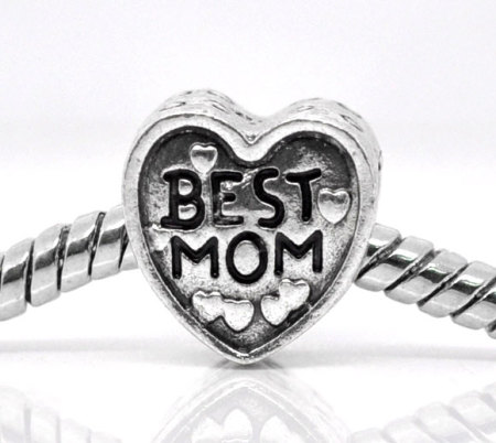 Zinc Metal Alloy European Style Large Hole Charm Beads Heart Antique Silver Color Message "BEST MOM" Carved About 11mm x 11mm, Hole: Approx 5.1mm, 20 PCs