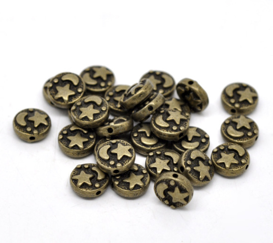 Picture of Zinc Based Alloy Spacer Beads Flat Round Antique Bronze Star Moon Carved About 9mm Dia, Hole:Approx 1mm, 50 PCs