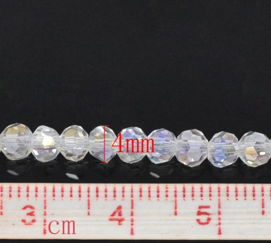 Image de Perles Cristales en Verre Balle Blanc Couleur AB Transparent à Facettes 4mm Dia, Taille de Trou: 0.8mm, 35cm long, 3 Enfilades (Env.100 Pcs/Enfilade)