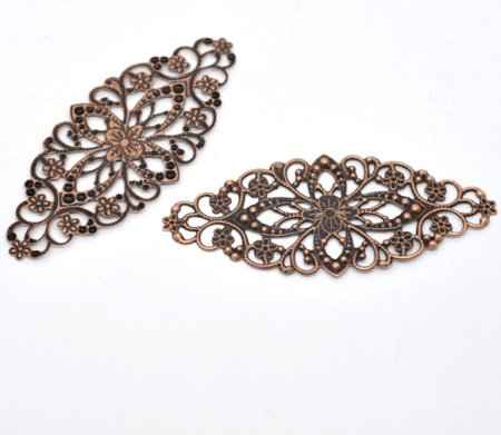 Picture of Filigree Stamping Embellishments Findings Oval Antique Copper Flower Hollow Pattern 8cm(3 1/8") x 3.5cm(1 3/8"), 30 PCs