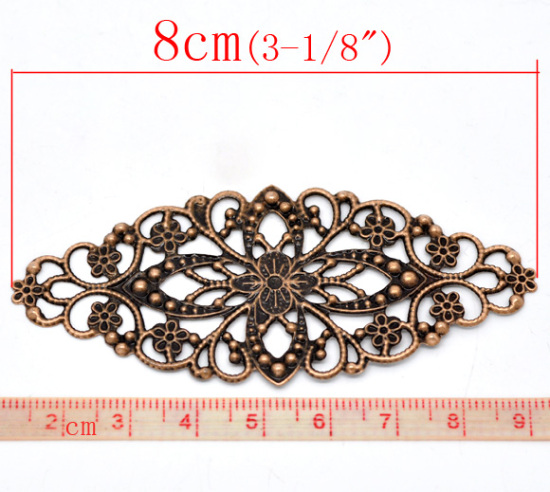 Изображение Филигранные цветок железа Коннекторы "Цветы" 8cm x 3.5cm Ажурные Медные,проданные 30 шт