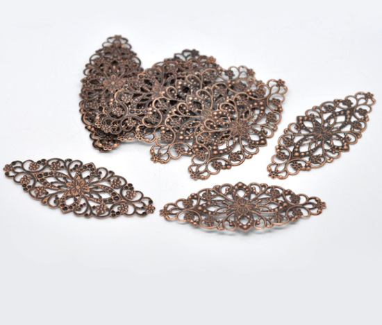 Изображение Филигранные цветок железа Коннекторы "Цветы" 8cm x 3.5cm Ажурные Медные,проданные 30 шт