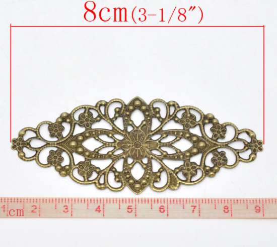 Image de Cabochons d'Embellissement Estampe en Filigrane Creux en Alliage de Zinc Ovale Fleurs Bronze Antique 8cm x 3.5cm, 30 Pcs