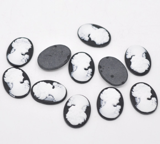 Picture of Resin Cabochon Cameo Oval Black & White Beauty Lady 24mm(1") x 18mm( 6/8"), 50 PCs
