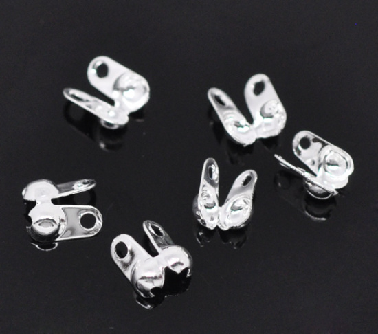 Picture of Iron Based Alloy Beads Tips (Knot Cover) Clamshell With 2 Closed Loops Silver Plated (Fit 2.4mm Ball Chain) 6mm x 4.5mm, 1000 PCs