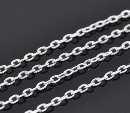 Iron Based Alloy Textured Link Cable Chain Findings Silver Plated 5x3mm(2/8"x1/8"), 10 M