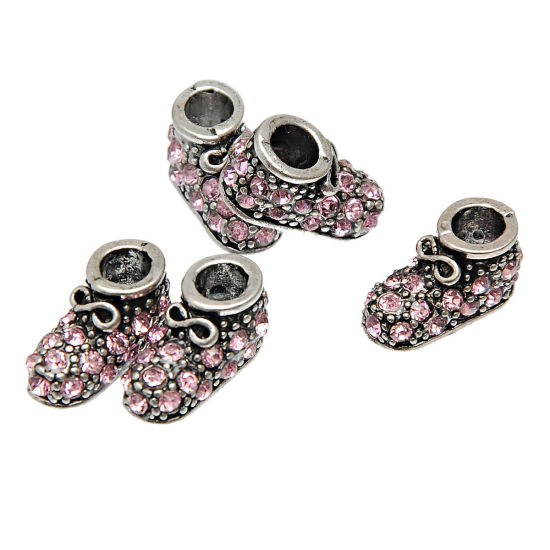 Immagine di Lega + Strass Stile Europeo Perline Scarpe Argento Antico Roso Strass Circa 17x9mm, Foro: Circa 4.7mm, 5 Pz