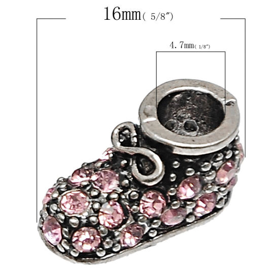 Immagine di Lega + Strass Stile Europeo Perline Scarpe Argento Antico Roso Strass Circa 17x9mm, Foro: Circa 4.7mm, 5 Pz