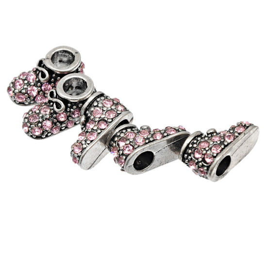 Immagine di Lega + Strass Stile Europeo Perline Scarpe Argento Antico Roso Strass Circa 17x9mm, Foro: Circa 4.7mm, 5 Pz