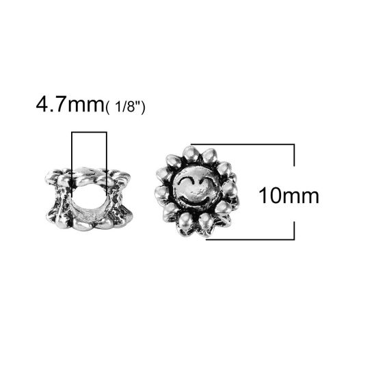 Immagine di Lega di Zinco Stile Europeo Perline Girasole Argento Antico Circa 10.0mm x 9.0mm, Foro: Circa 5.7mm, 20 Pz