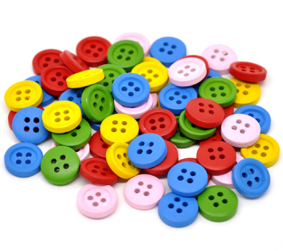 Immagine di 20 Pz Legno Naturale Bottone da Cucire Scrapbook Quattro Fori Tondo A Colori Misti Casuali 15mm Dia