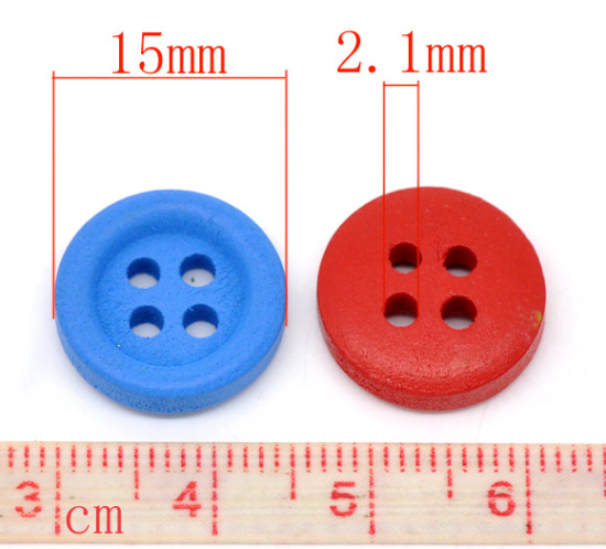 Immagine di 20 Pz Legno Naturale Bottone da Cucire Scrapbook Quattro Fori Tondo A Colori Misti Casuali 15mm Dia