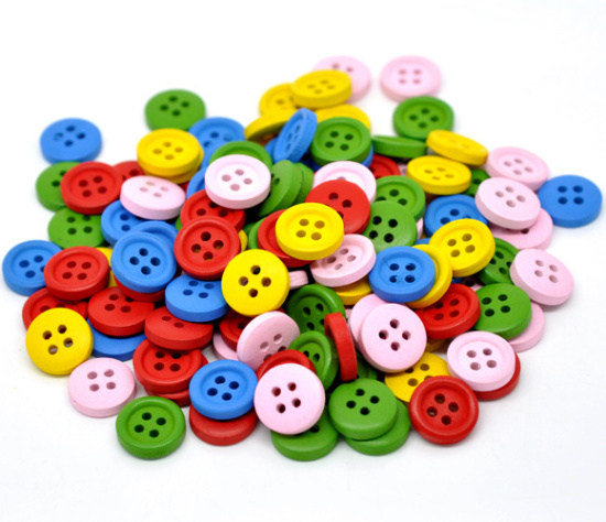 Immagine di 20 Pz Legno Naturale Bottone da Cucire Scrapbook Quattro Fori Tondo A Colori Misti Casuali 15mm Dia