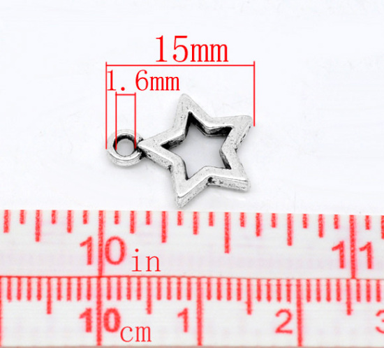 Imagen de Colgantes Aleación del Metal Del Zinc de Estrellas de cinco puntos Plata Antigua Rhinestone 15.0mm x 12.0mm, 50 Unidades 