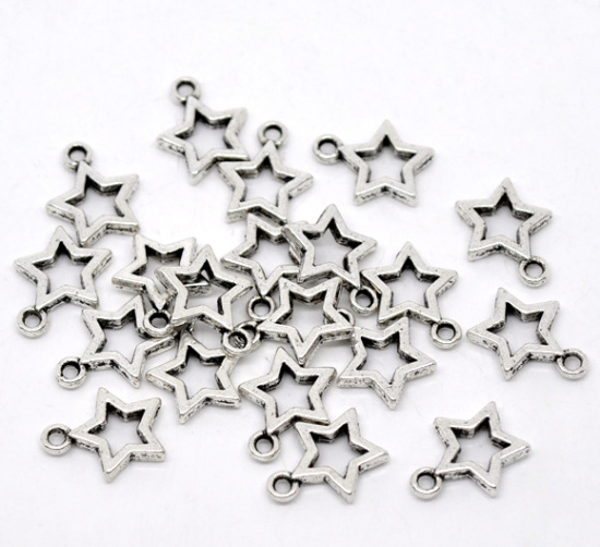 Imagen de Colgantes Aleación del Metal Del Zinc de Estrellas de cinco puntos Plata Antigua Rhinestone 15.0mm x 12.0mm, 50 Unidades 