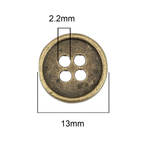 Picture of Zinc Based Alloy Metal Sewing Buttons 4 Holes Round Antique Bronze 13mm( 4/8") Dia, 50 PCs