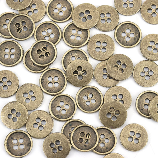 Picture of Zinc Based Alloy Metal Sewing Buttons 4 Holes Round Antique Bronze 13mm( 4/8") Dia, 50 PCs