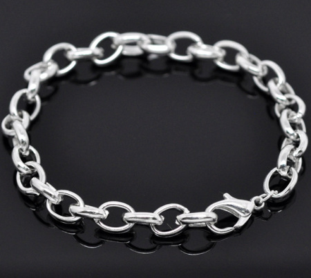 Zinc Metal Alloy Lobster Clasp Link Cable Chain Bracelets Silver Plated Fit Clip On Charms 20cm(7 7/8") long, 12 PCs