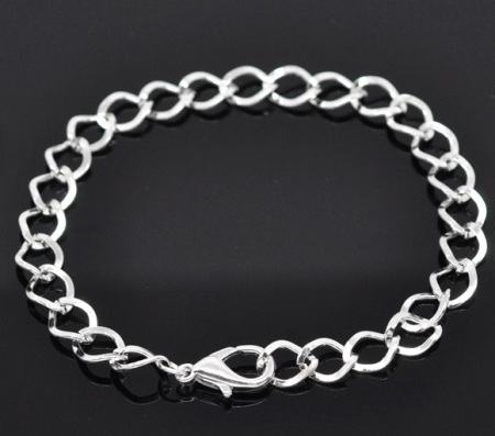 Zinc Metal Alloy Lobster Clasp Link Curb Chain Bracelets Silver Plated 20cm(7 7/8") long, 12 PCs