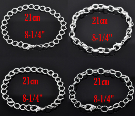 Zinc Metal Alloy Lobster Clasp Link Chain Bracelets Mixed Silver Plated 21cm(8 2/8") long, 12 PCs