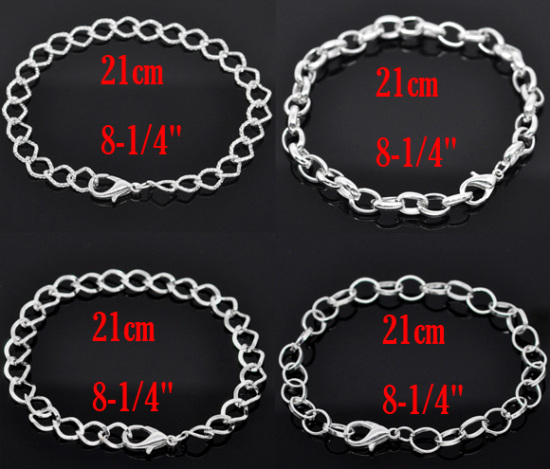 Image de Bracelets pour Charms/Breloques avec Fermoir Mousqueton en Alliage de Zinc Argenté 21cm Long/Enfilade, 12 Pcs