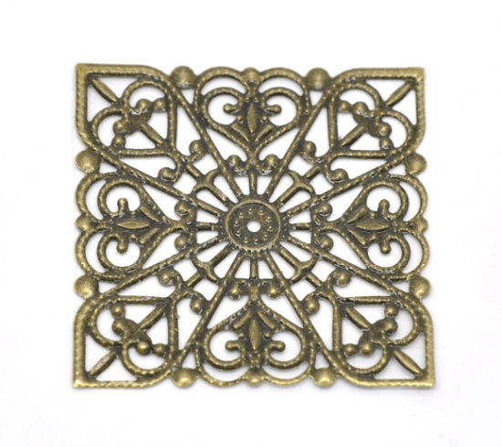 Image de Cabochons d'Embellissement Estampe en Filigrane Creux en Alliage de Fer Carré Fleurs Gravé Bronze Antique 4cm x 4cm, 50 Pcs