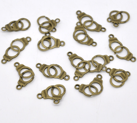 Bild von Bronzefarben "Freedom" Handschelle Charms Anhänger/Verbinder 17x10mm.Verkauft eine Packung mit 50