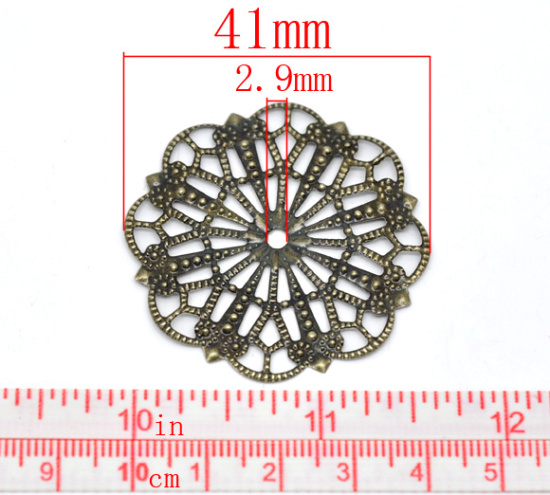 Picture of Filigree Stamping Embellishments Findings Flower Antique Bronze Flower Hollow Pattern 4.1cm(1 5/8") x 4.1cm(1 5/8"), 7 PCs