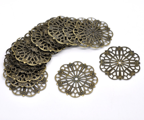 Picture of Filigree Stamping Embellishments Findings Flower Antique Bronze Flower Hollow Pattern 4.1cm(1 5/8") x 4.1cm(1 5/8"), 7 PCs
