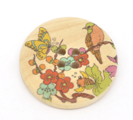 Natural Wood Sewing Buttons Scrapbooking 4 Holes Round Multicolor Flower Pattern 3cm(1 1/8") Dia, 20 PCs
