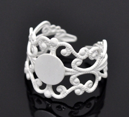 Picture of Brass Adjustable Glue-On Rings Round White Flower Hollow Carved (Fits 8mm Dia) 18.3mm( 6/8")(US Size 8), 20 PCs