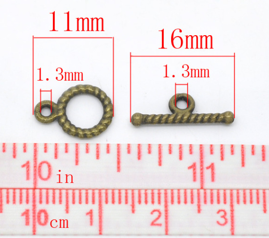 Bild von Zinklegierung Knebelverschluss Rund Bronzefarbe gestreift 16mm x 5mm 11mm x 9mm 50 Sets