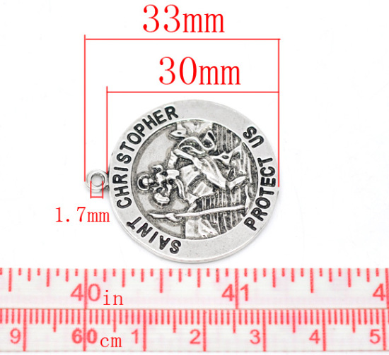 Picture of Zinc Based Alloy Pendants Round Antique Silver Color Religion Message " SAINT CHRISTOPHER PROTECT US " Carved 3.3cm(1 2/8") x 3cm(1 1/8"), 10 PCs