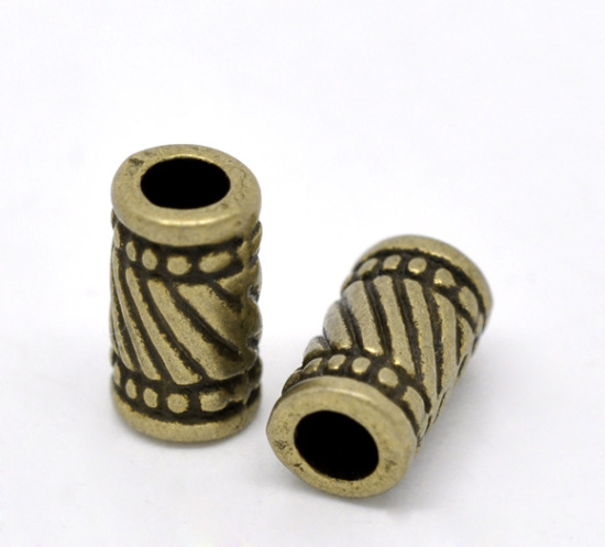 Bild von Zinklegierung Spacer Perlen Zwischenperlen Zylinder Bronzefarbe Streifen Geschnitzt ca. 11mm x 6mm, Loch:ca. 3.3mm, 50 Stück