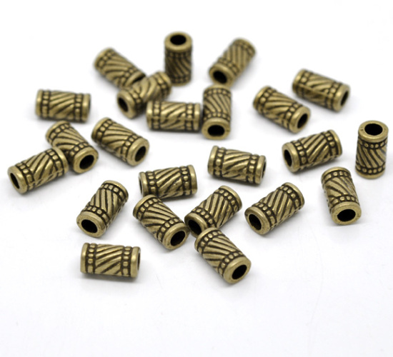 亜鉛合金 スペーサ ビーズ 円筒形 銅古美メッキ ストライプパターン 約11mm x 6mm、 　穴：約3.3mm、 50 PCs の画像