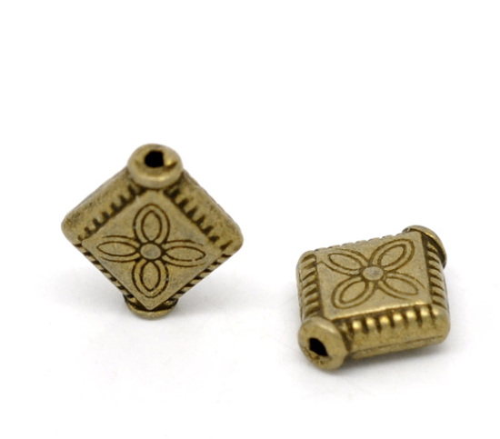 Picture of Zinc Based Alloy Spacer Beads Rhombus Antique Bronze Flower Carved About 10mm x 9mm, Hole:Approx 1mm, 100 PCs