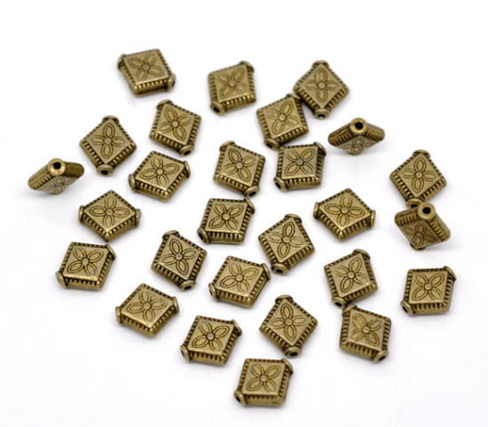 Picture of Zinc Based Alloy Spacer Beads Rhombus Antique Bronze Flower Carved About 10mm x 9mm, Hole:Approx 1mm, 100 PCs
