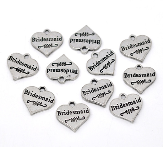 Изображение Подвески “Сердце” 17mm x 16mm Нарезные С Надписью "Bridesmaid" Античное Серебро, проданные 20 шт