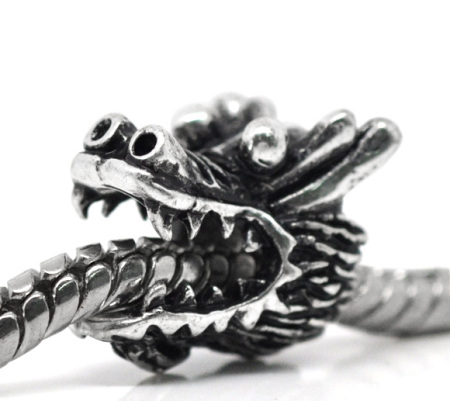Picture of Zinc Metal Alloy European Style Large Hole Charm Beads Dragonhead Antique Silver Color Color Plated About 13mm x 11mm, Hole: Approx 5mm, 20 PCs