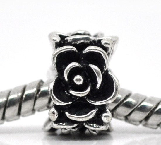 Picture of Zinc Metal Alloy European Style Large Hole Charm Beads Square Antique Silver Flower Pattern About 9mm x 9mm, Hole: Approx 5.3mm, 50 PCs