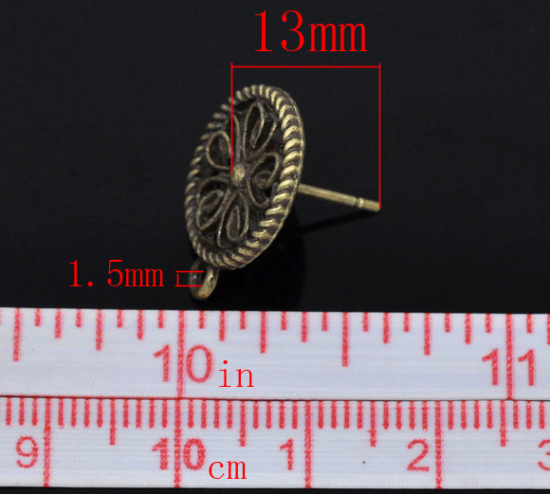 Immagine di Lega di Zinco Orecchini a Perno Tondo Tono del Bronzo Modello Disegno Colore Placcato 17mm x 13mmposta / filo: ( 0.7mm )， 50 Pz