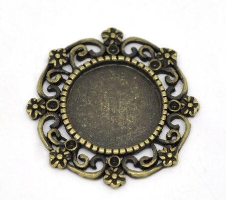 Zinc Based Alloy Cabochon Setting Pendants Round Antique Bronze Flower Hollow (Fits 14mm Dia.) 27mm(1 1/8") x 27mm(1 1/8"), 20 PCs
