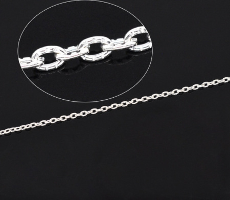 Iron Based Alloy Textured Link Cable Chain Findings Silver Plated 3x2mm(1/8"x1/8"), 10 M