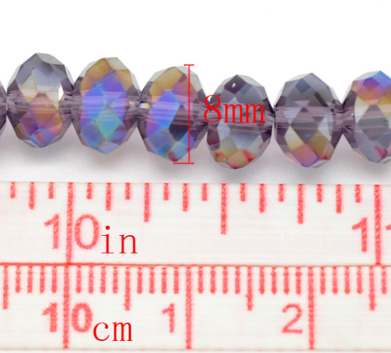 クリスタルガラスビーズ フラットラウンド パープル ABカラー ファセット・カット 約 8mm直径、 穴：約 1mm、 42cm長さ、 2 連 （約 72PCS /一連） の画像