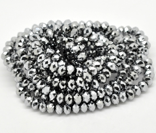 Picture of Crystal Glass Loose Beads Round Silver Tone Faceted About 6mm Dia, Hole: Approx 1mm, 43cm long, 3 Strands (Approx 100 PCs/Strand)