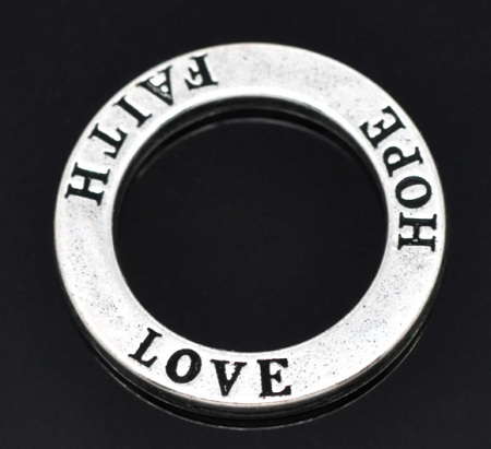 Imagen de Colgantes Aleación del Metal Del Zinc de Ronda,Mensaje " Love Hope Faith " Plata Antigua Rhinestone 23.0mm Diámetro, 20 Unidades