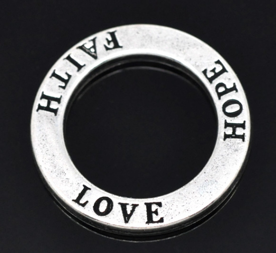 Picture of Zinc Based Alloy Charms Circle Washer Donut Antique Silver Color Message " Love Hope Faith " Carved 23mm( 7/8") Dia, 20 PCs