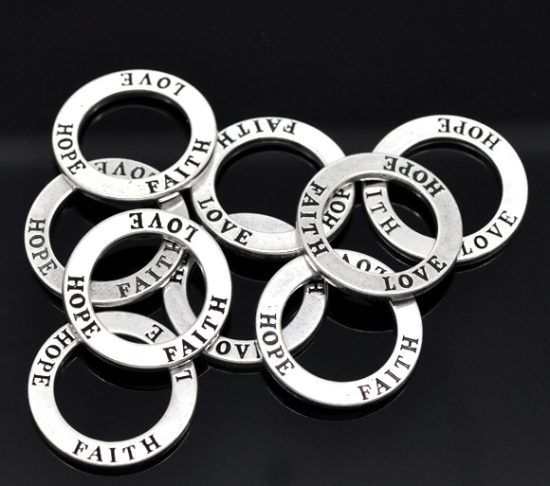 Picture of Zinc Based Alloy Charms Circle Washer Donut Antique Silver Color Message " Love Hope Faith " Carved 23mm( 7/8") Dia, 20 PCs